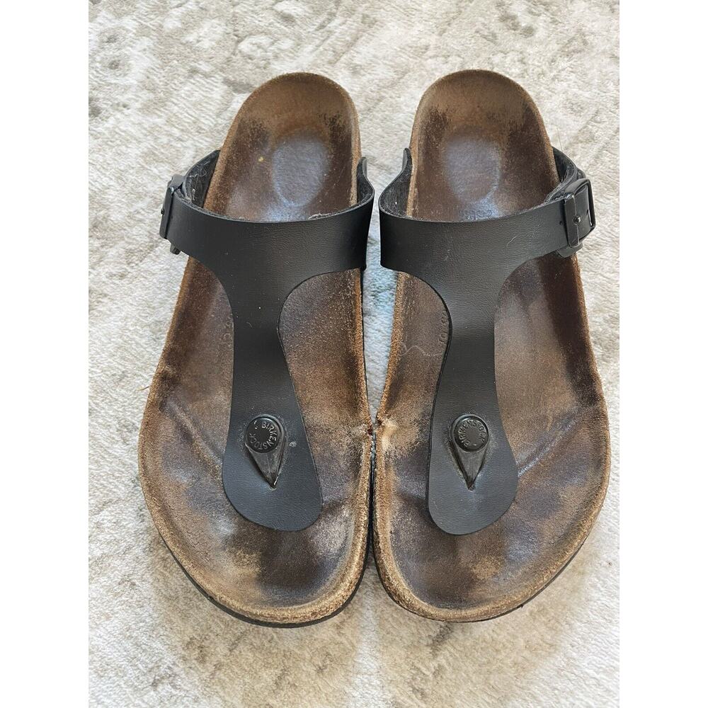 Birkenstock Size 39 Gizeh Birko Flor‎ Sandals Black Leather Buckle Preloved